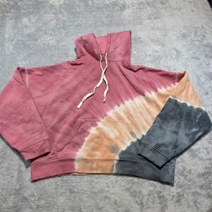 Lucky Brand Women L Pink Tie Dye Boxy Hoodie Sunburst Cropped Pullover